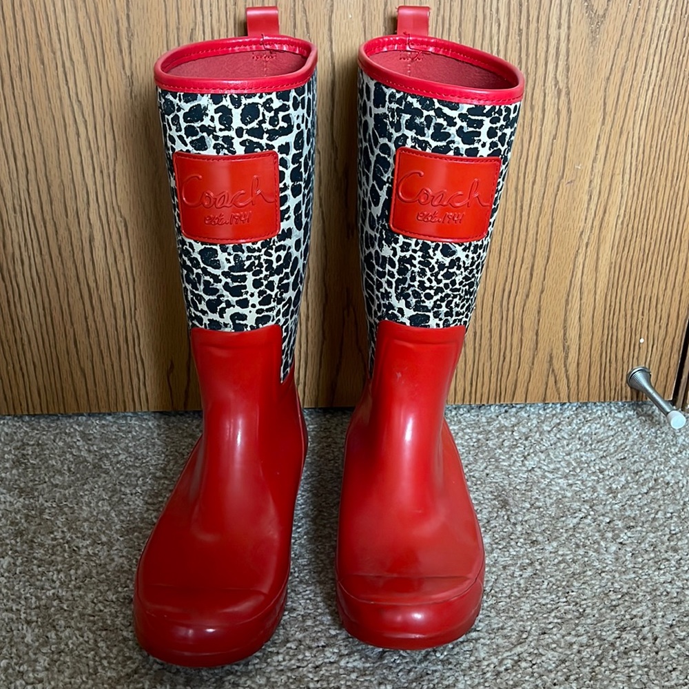 Coach Red Leopard-Print Rain Boots for Women